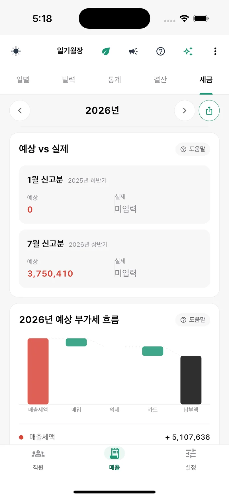 일기월장 앱 — 부가세 산출 및 흐름 차트 화면